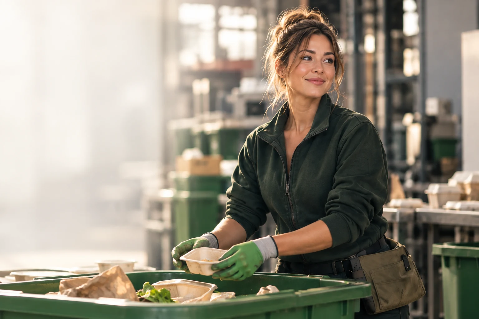 Illustrative woman in a green work jacket sorting a food container at a venue’s organics station.